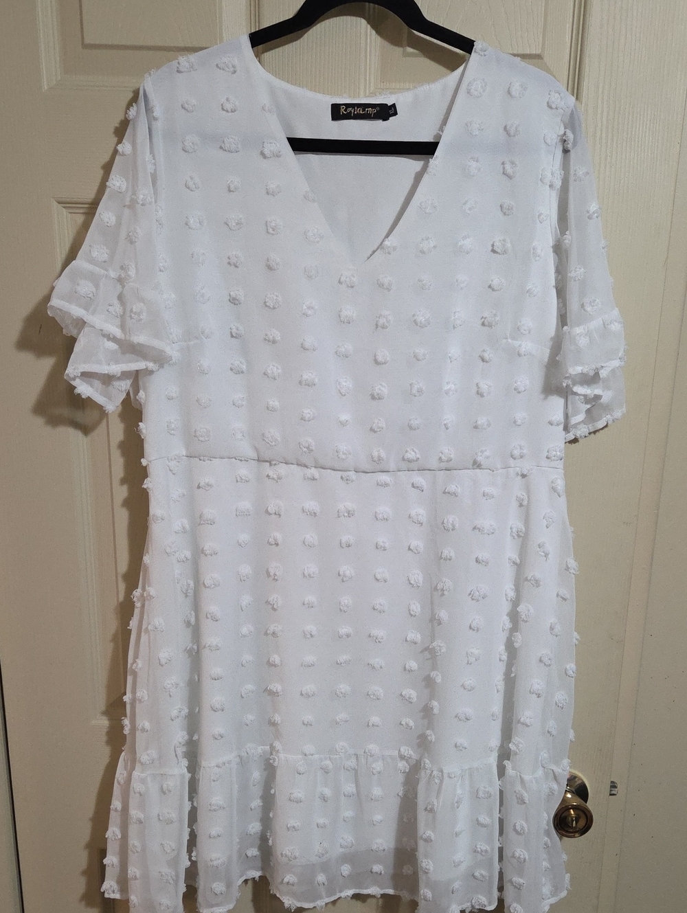 White Textured Swiss Dot V-Neck Dress